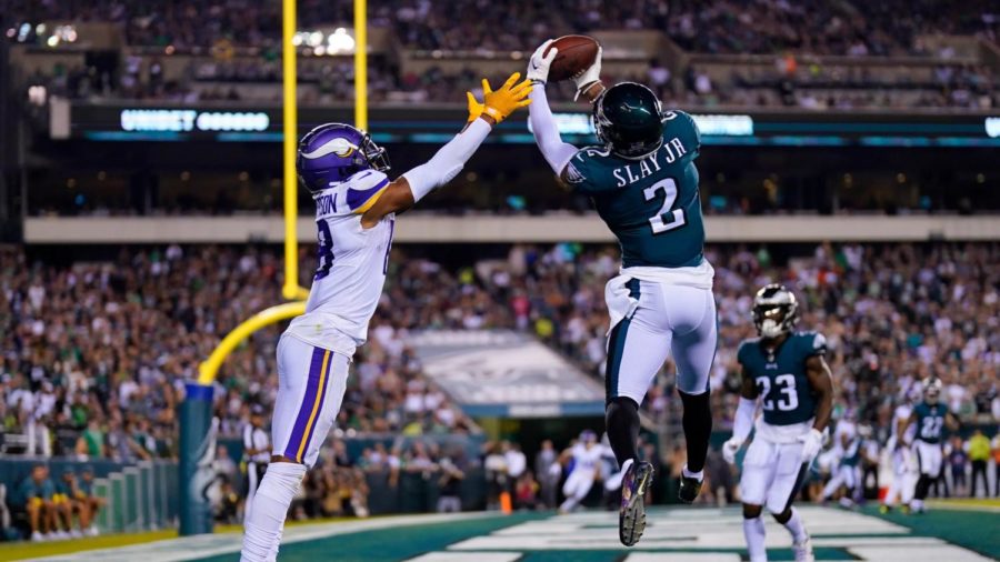 Darius Slay Jr. intercepts a pass from Kirk Cousins intended for Justin Jefferson in the end zone.